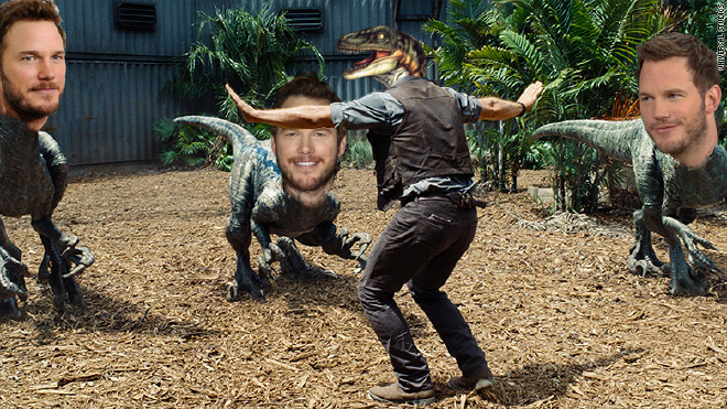 Jurassic World with Chris Pratt as the Velociraptors and a Velociraptor as Chris Pratt