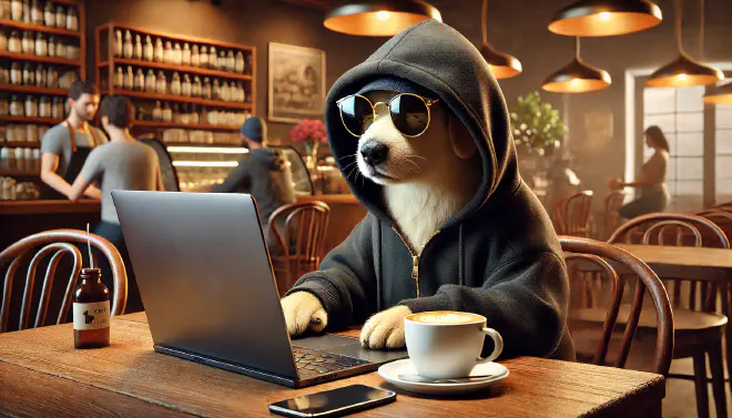 Picture of a hacker dog sitting at laptop